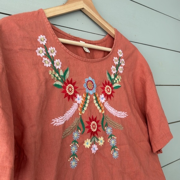 Rust Linen Boho Embroidered Blouse – Fits Like Medium - Picture 3 of 6
